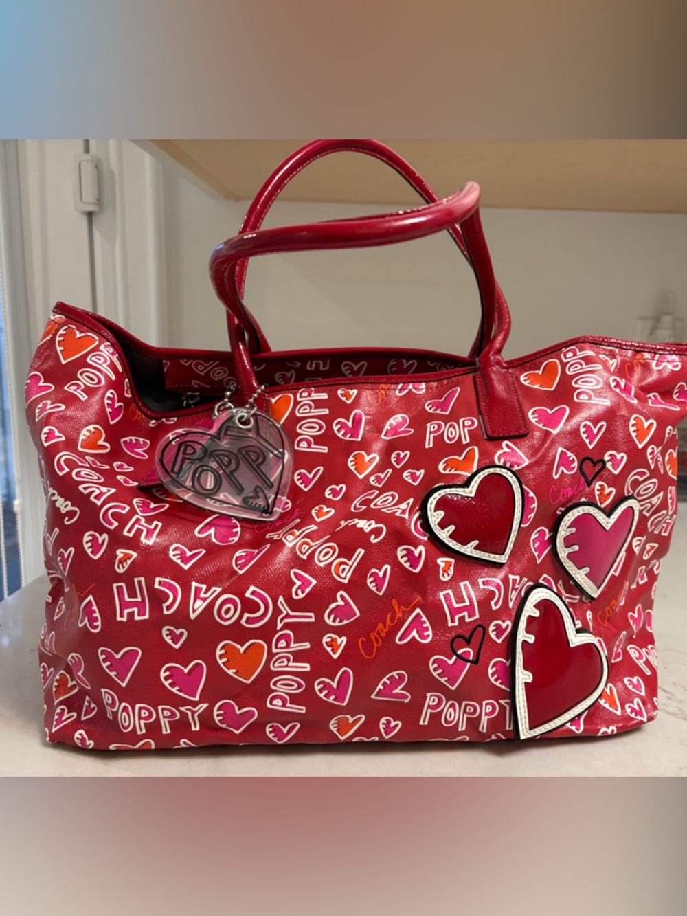 Coach Red Poppy Heart Print Tote